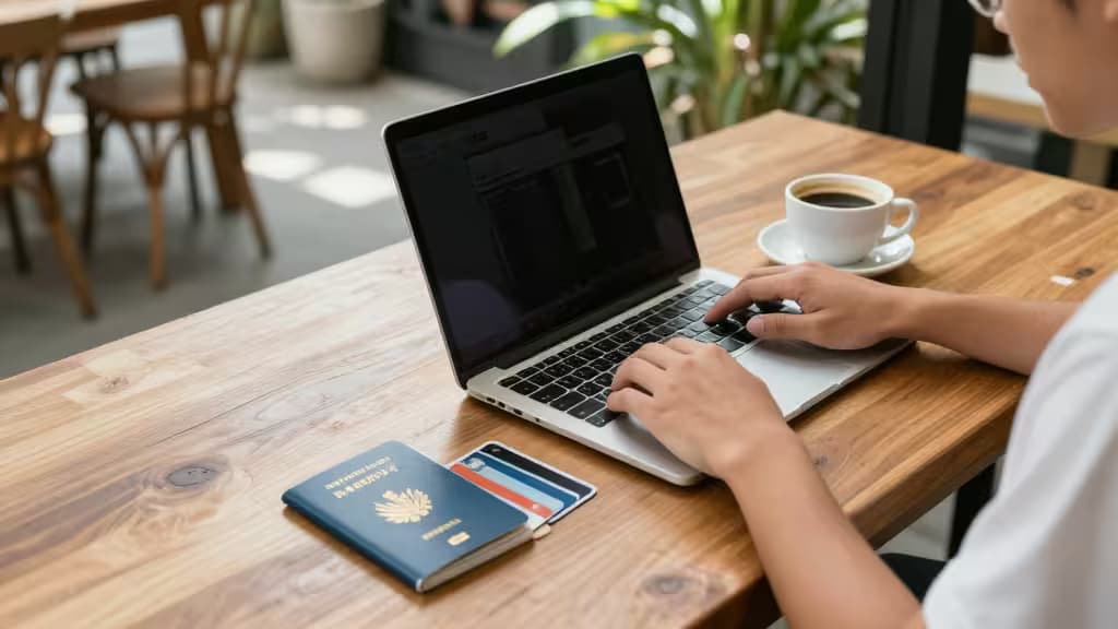 Hands typing on laptop beside passport and credit cards at wooden café table.
