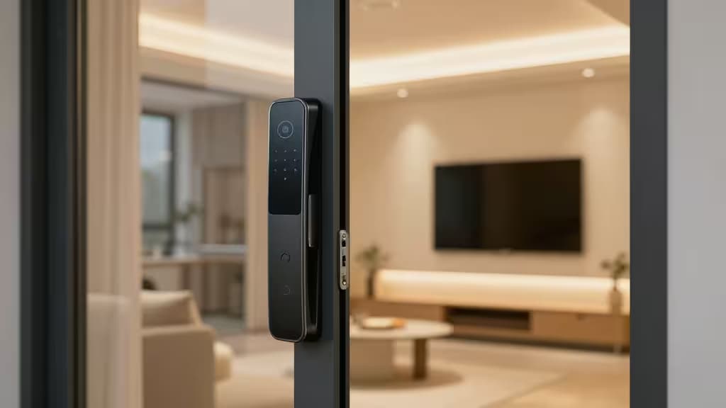 A sleek black smart lock is mounted on a modern sliding glass door, with a blurred living room interior visible through the transparent panel.