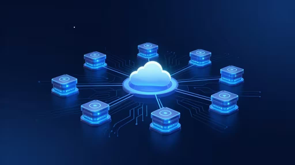 Glowing blue cloud connects eight server cubes via circuit lines on dark background.