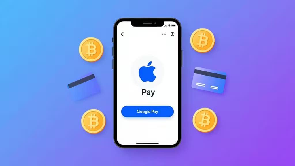Smartphone displays Apple Pay and Google Pay buttons, surrounded by gold Bitcoin coins and blue credit cards on a gradient purple-blue background.