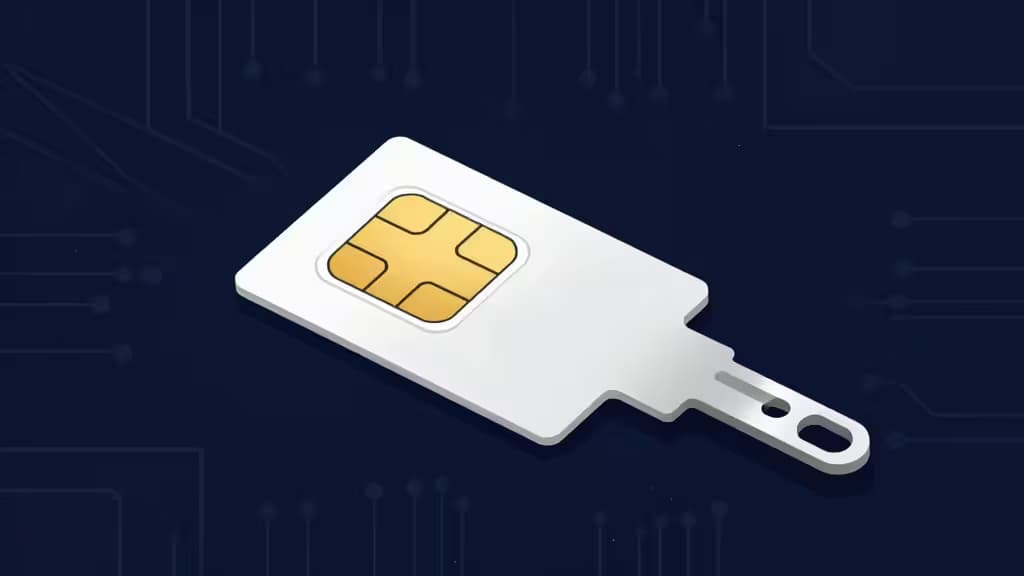 Una tarjeta SIM blanca con chip de oro tiene la forma de una llave de seguridad hardware, simbolizando cómo la autenticación segura reemplaza a las SIM vulnerables.