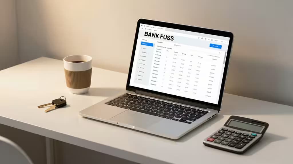 Laptop displays banking interface beside coffee cup, keys, and calculator on white desk