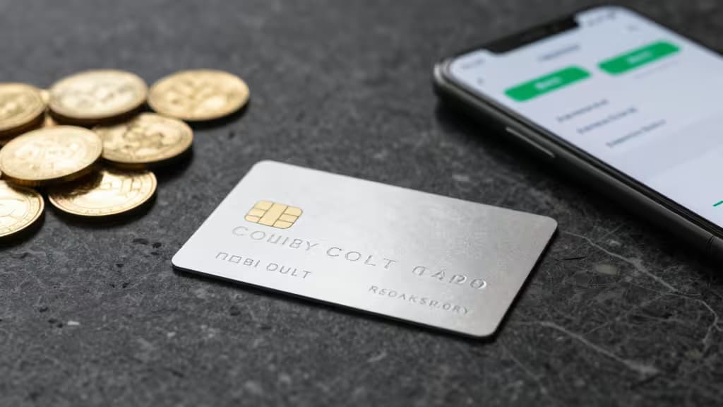 Silver debit card, gold coins, and smartphone with staking dashboard on dark surface.