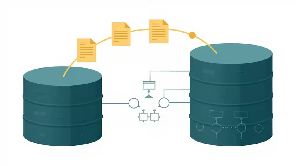 Abstract illustration showing data nodes flowing between two database cylinders with schema mapping visualizations in teal and amber tones