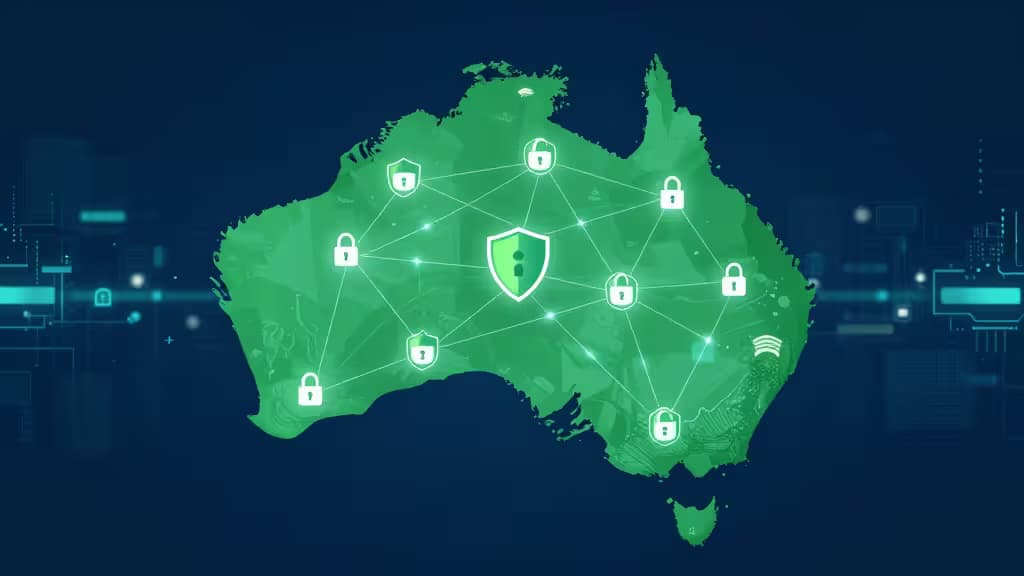 Carte de l'Australie stylisée avec bouclier numérique, cadenas et lignes de réseau sur fond sombre.
