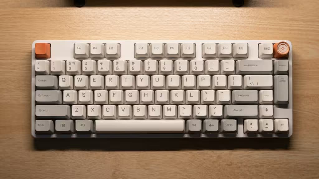 Teclado ergonómico con layout Alice y teclas anguladas en blanco y gris sobre una superficie de madera clara.