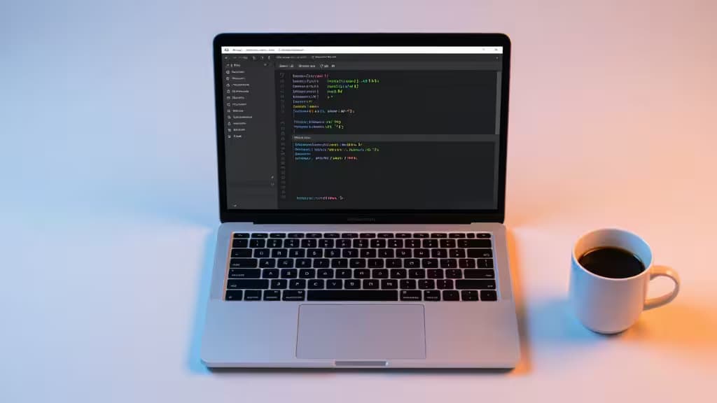 A MacBook displaying Next.js code sits beside a coffee mug on a softly lit desk.