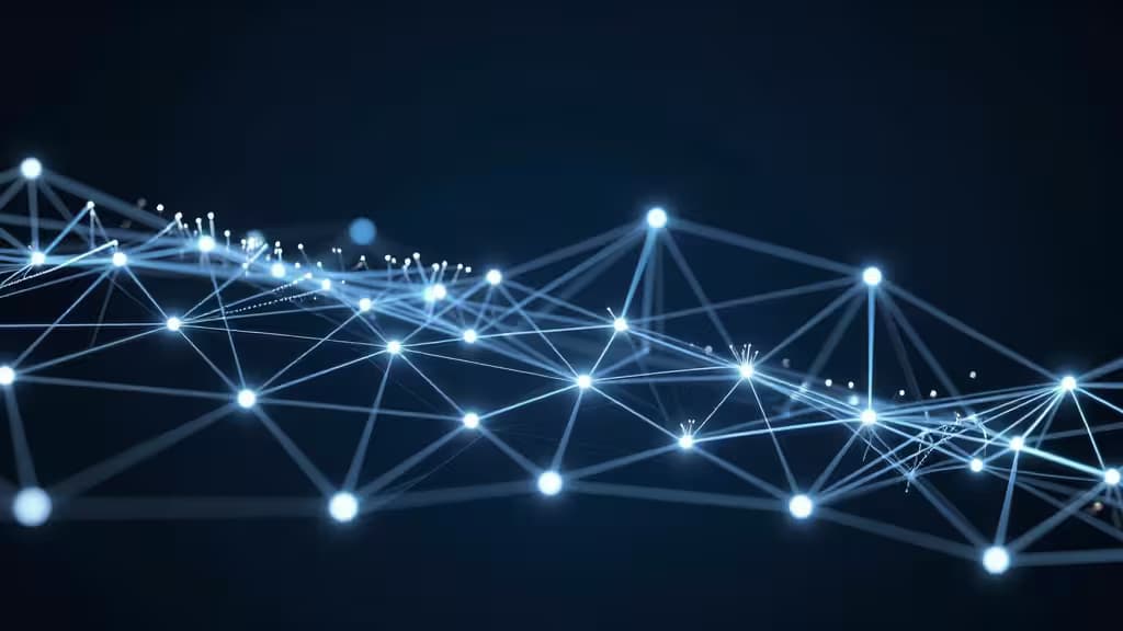 Glowing interconnected nodes forming a secure mesh network over a dark blue background with fiber-optic light trails connecting the points