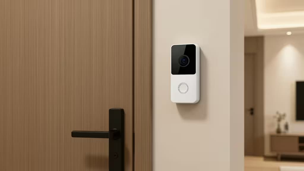 A sleek white battery-powered video doorbell with a black camera lens is mounted on a beige wall beside a wooden door.