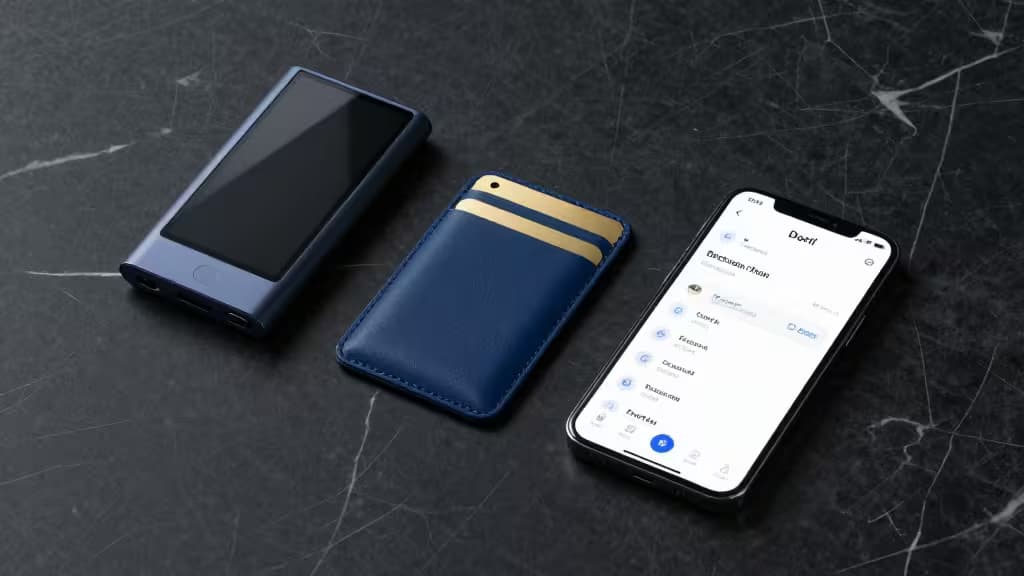 Tre wallet — hardware con schermo, carta NFC e smartphone — disposti su una superficie di marmo scuro con illuminazione soffusa.