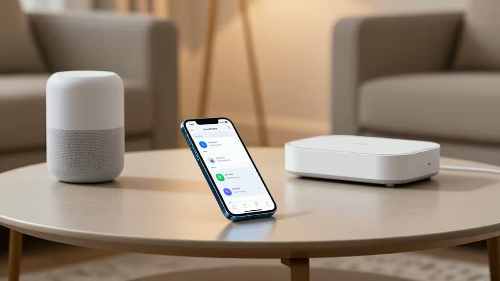 White smart speaker, phone, and hub on wooden table in modern living room.