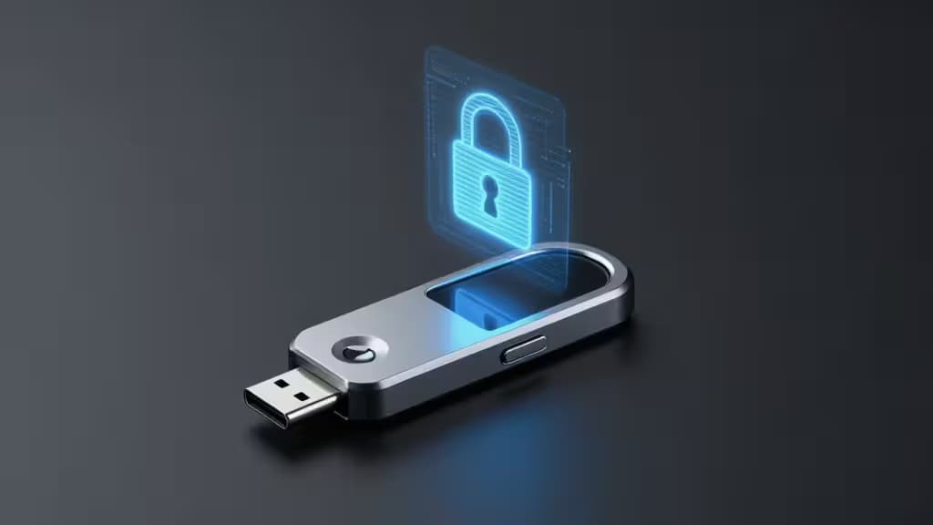 A sleek silver USB-C security key projects a glowing blue holographic padlock against a dark background.