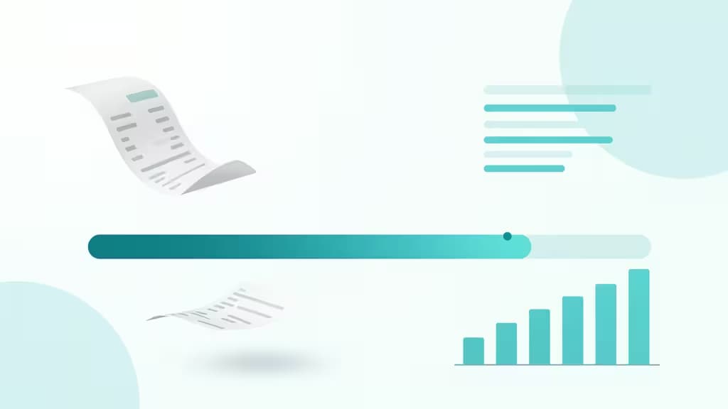 Factures flottantes, barre de progression et graphique en barres teal illustrant le suivi des dépenses de projet sur fond blanc.
