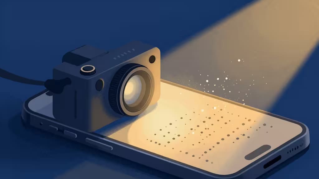 A camera projects glowing dots onto a phone screen, creating tactile Braille patterns for accessible reading.