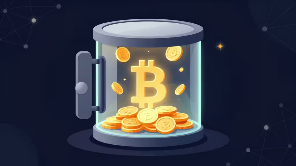 Un símbolo de Bitcoin brillante flota dentro de un frasco de cristal transparente lleno de monedas de oro, simbolizando el crecimiento de los ahorros en cripto.