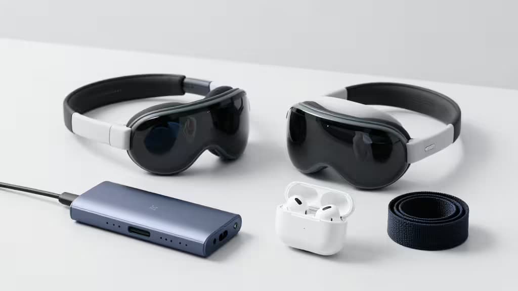 Two Meta Quest 3 headsets, a blue USB-C hub, white earbuds, and a black strap on a white surface.
