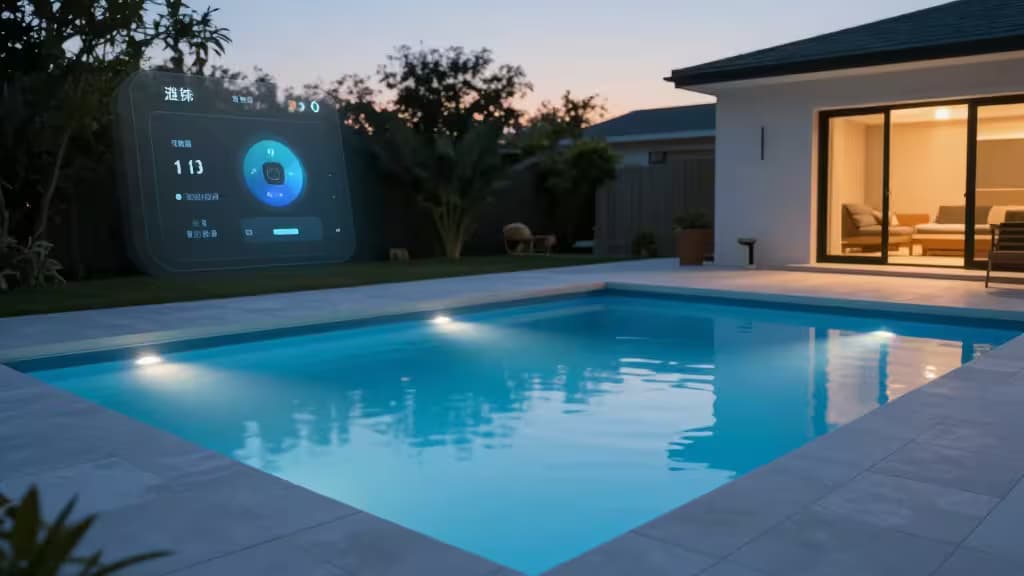Un controller per piscina olografico luminoso fluttua accanto a una piscina moderna al tramonto, mostrando l'integrazione con l'automazione domotica.