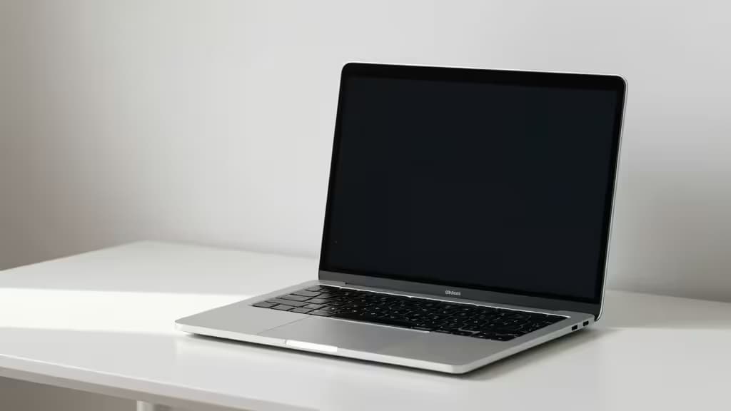 Silver MacBook Pro sits open on white desk beside sleek 4K monitor.