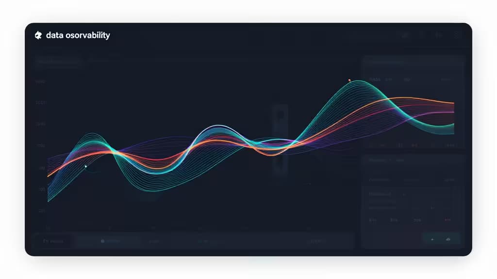 Dark UI dashboard displays colorful waveforms under 'data osorvability' branding, suggesting real-time monitoring.