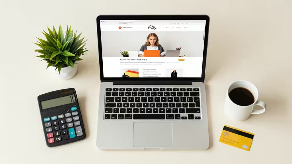Laptop displays Etsy seller dashboard, flanked by calculator, coffee, and credit card on minimalist desk.