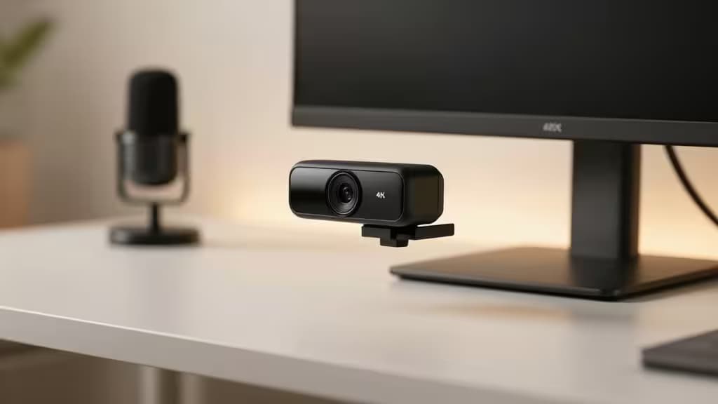 Eine schwarze 4K-Webcam steht auf einem minimalistischen weißen Schreibtisch neben einem Monitor und Mikrofon.