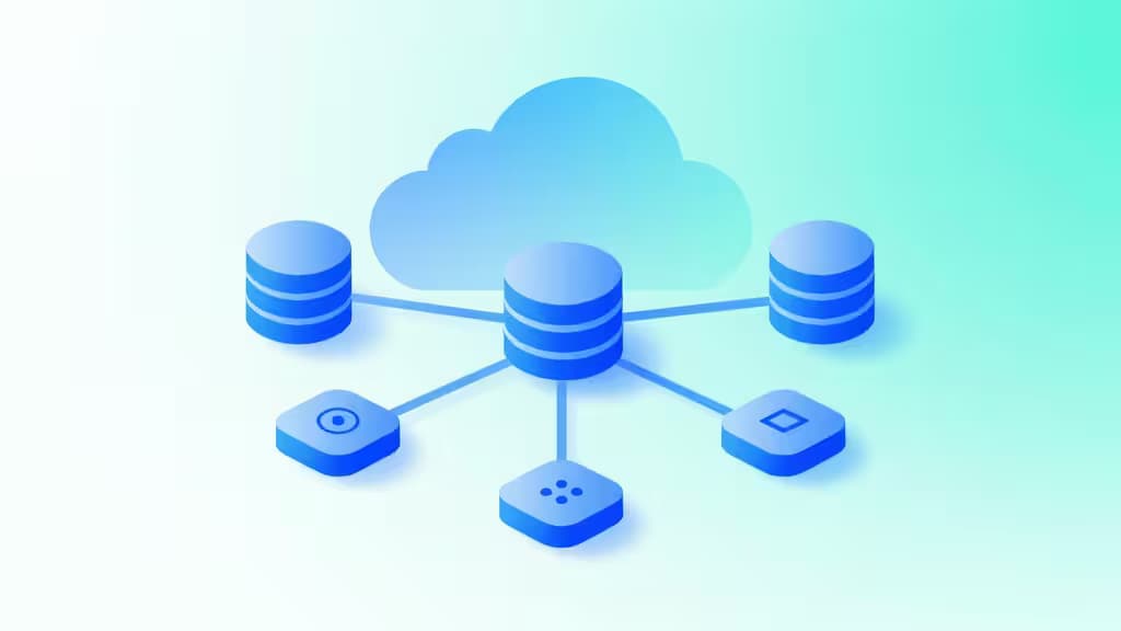 Rappresentazione astratta di infrastruttura cloud backend con nodi di database, autenticazione e connessioni API in gradiente blu e teal
