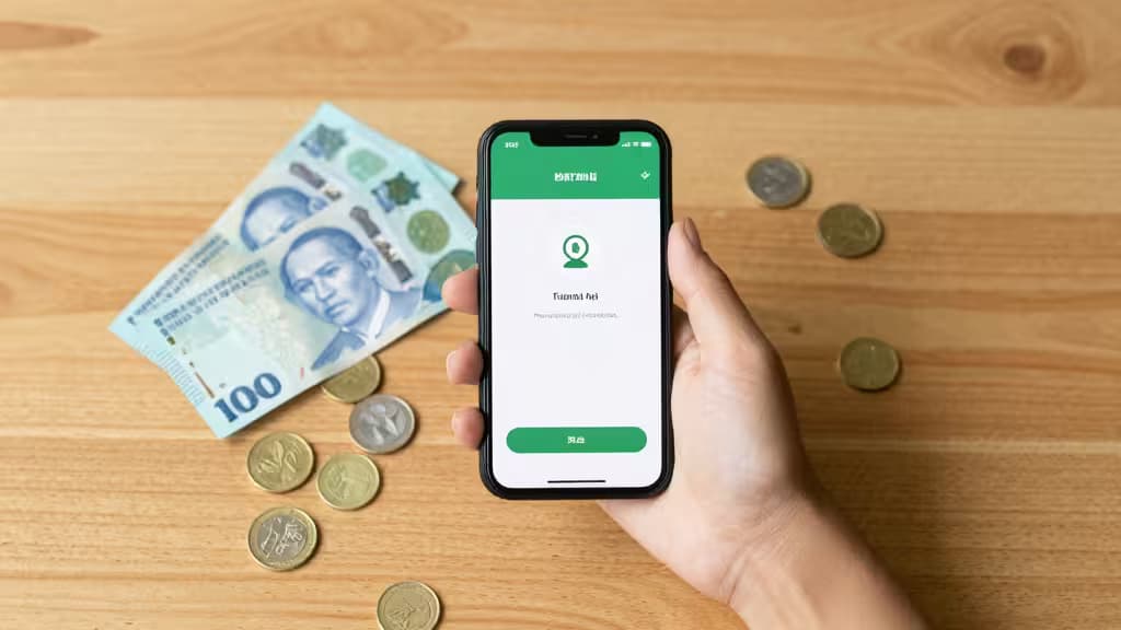 Hand holds smartphone displaying money transfer app, surrounded by Philippine pesos and coins on wooden surface.