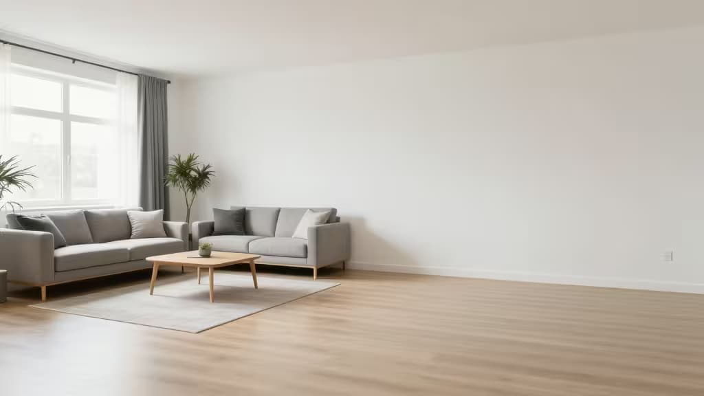 AI-furnished gray sofas and wooden coffee table contrast with empty white walls in minimalist living room.
