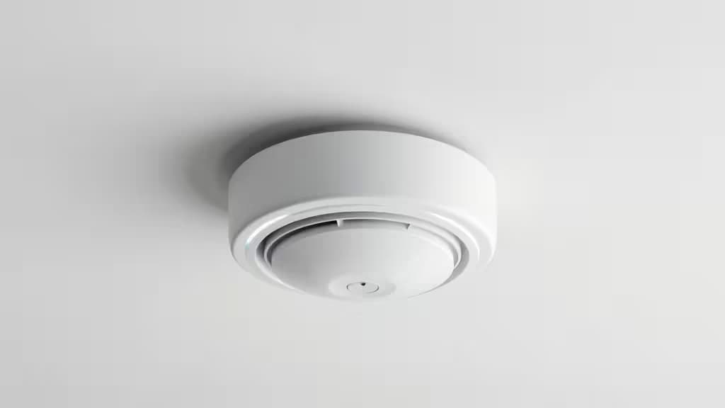 Detector de humo y CO inteligente de plástico blanco montado en el techo, reemplazando sistemas de seguridad cableados del hogar.