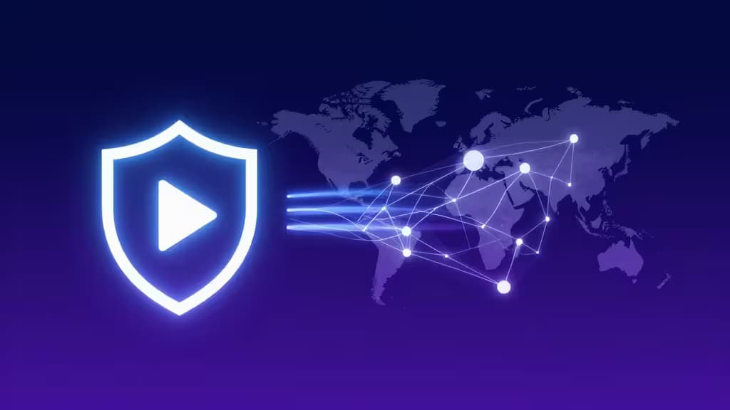 Glowing shield icon with play button connects to global network map via blue data streams.