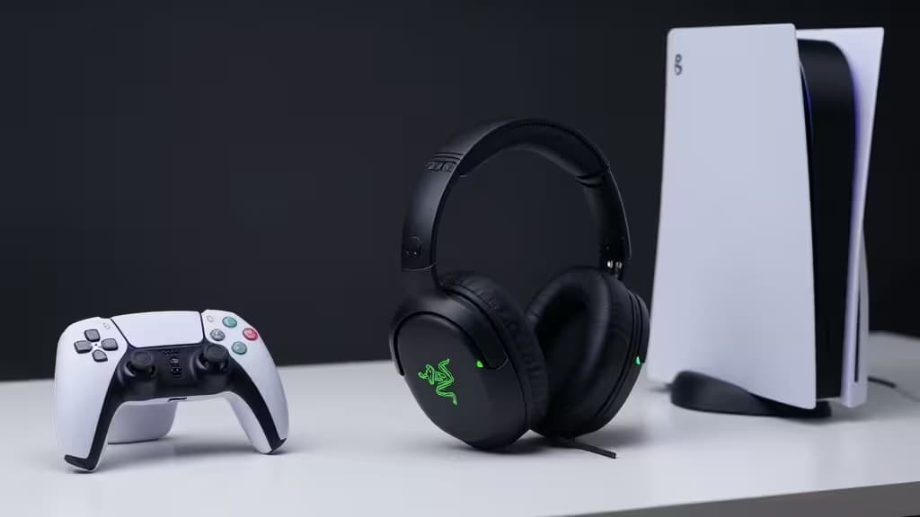 Cuffie Razer nere con logo verde accanto a console PS5 bianca e controller DualSense, su sfondo scuro.