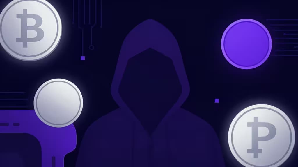 Abstract illustration of privacy-focused cryptocurrency trading with glowing coins in silver and violet against a dark background, evoking anonymity and digital finance.
