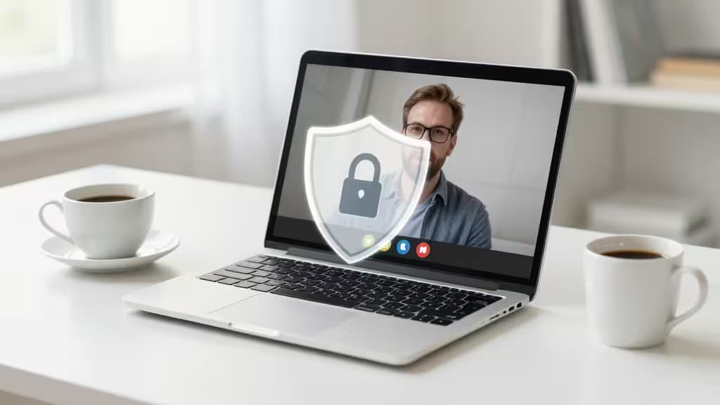 A white laptop displays a video call with a shield icon, flanked by coffee cups on a clean desk.