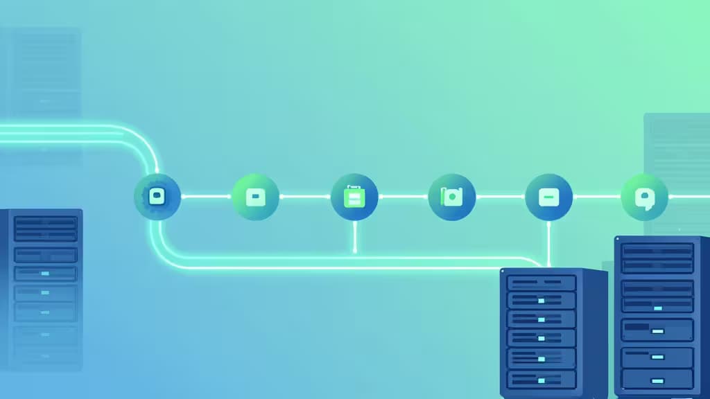 Node.jsバックグラウンドジョブ処理を抽象的に表現したイラスト。データパイプラインとキューノードが光る線で接続され、青と緑のトーンのサーバーラックが描かれている