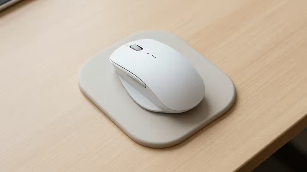 A vertical ergonomic mouse resting on a cushioned wrist support pad on a clean modern desk with warm natural lighting