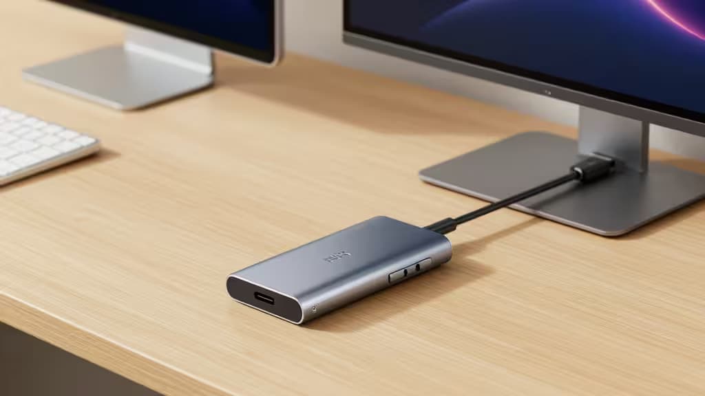 A sleek aluminum USB-C hub connected to an iPad Pro on a minimalist wooden desk, with an HDMI cable extending toward an external 4K monitor.