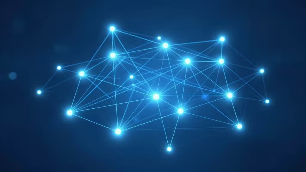 Glowing blue nodes and lines form a complex network against a dark background.