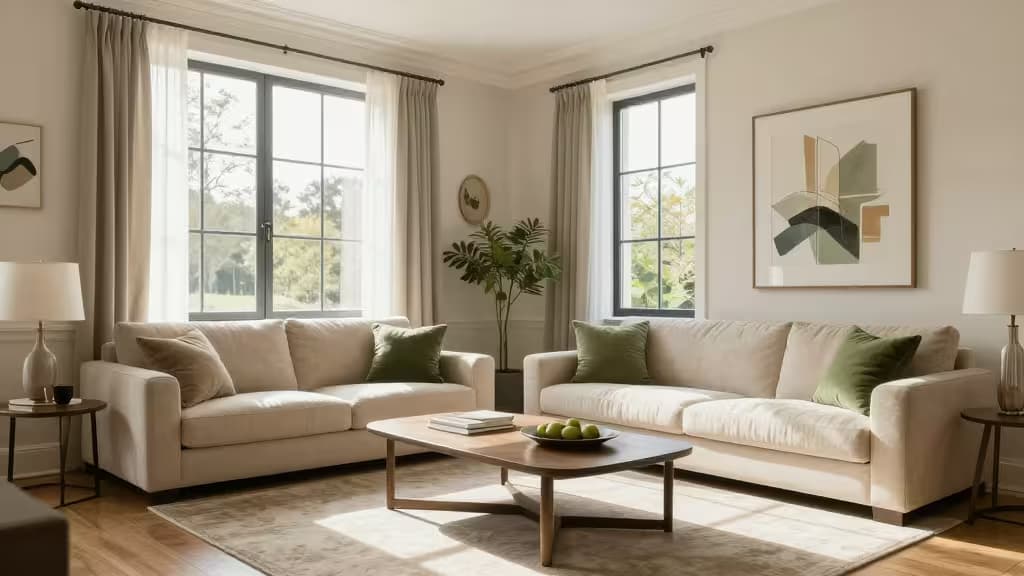 Sala de estar moderna y luminosa con sofá beige, cojines verdes, mesa de centro de madera y plantas naturales junto a una ventana amplia