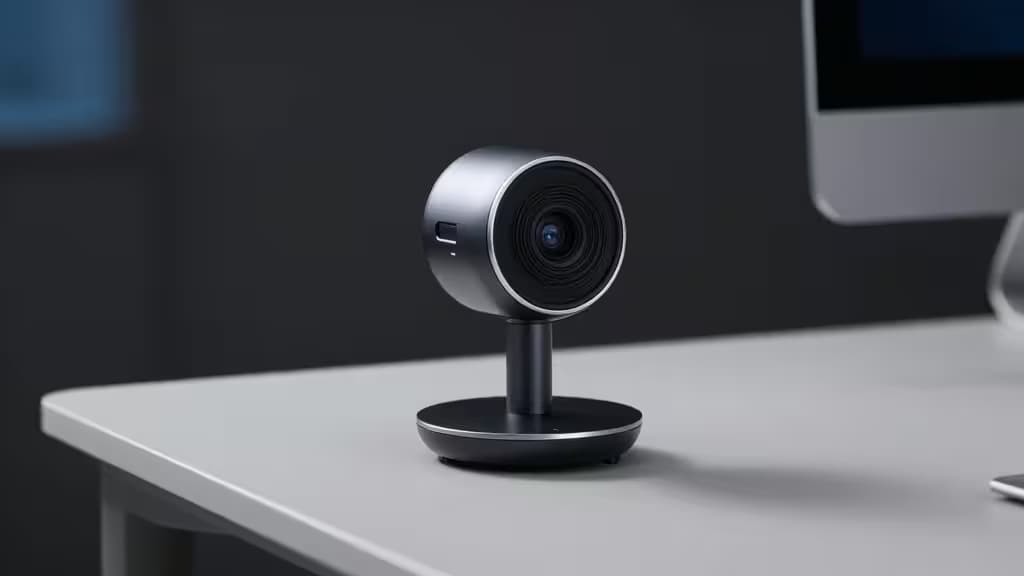 Une webcam moderne posée sur un bureau épuré avec un éclairage studio doux, photographie produit éditoriale