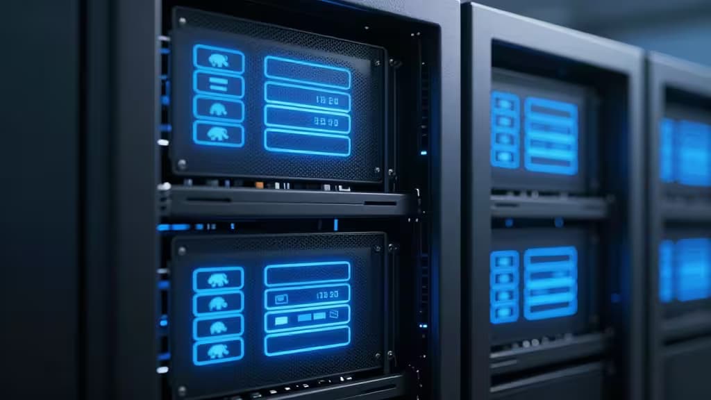 Server racks with glowing blue PostgreSQL backup interfaces, showcasing self-hosted database solutions.