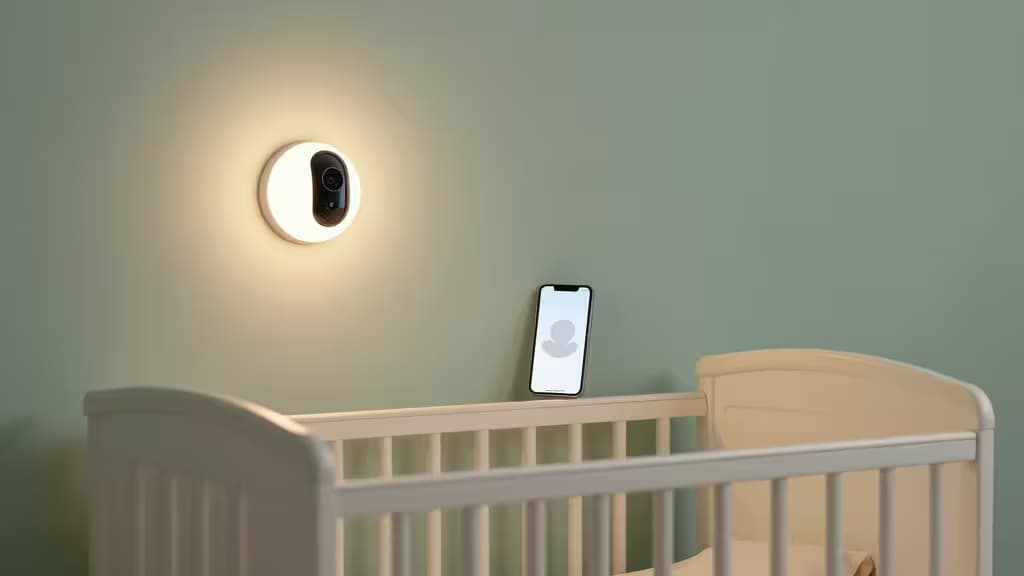 Chambre de bébé minimaliste avec un berceau et une caméra de surveillance connectée émettant une douce lumière d'ambiance.