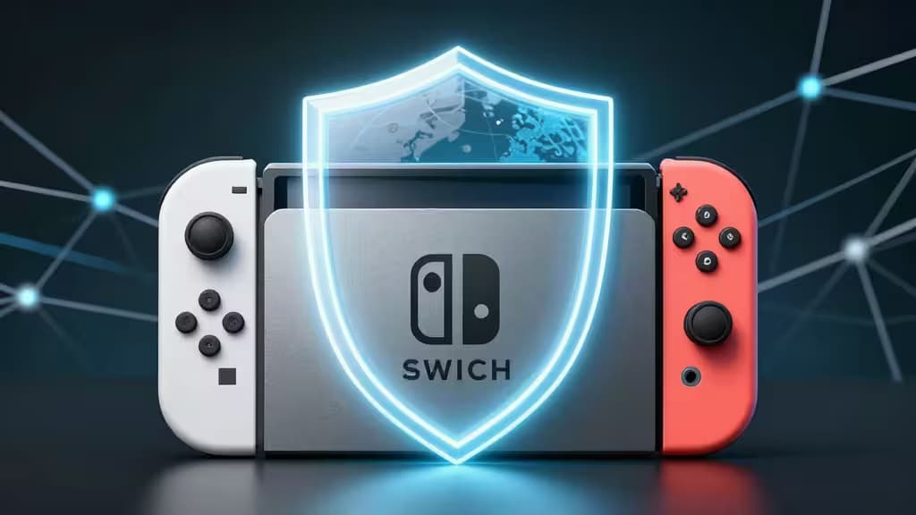 Une console Nintendo Switch avec un bouclier bleu lumineux en superposition, sur fond de réseau sombre.