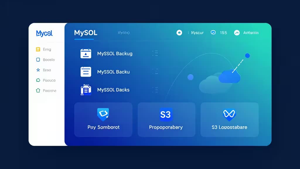 Dashboard moderna di backup automatico per database MySQL con icone di cloud storage e grafici di scheduling