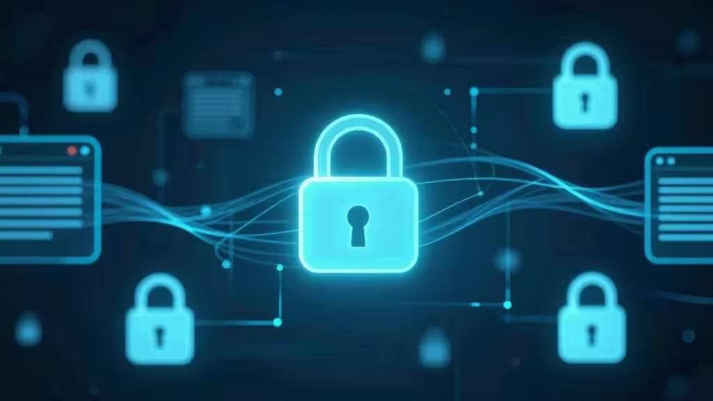 Glowing padlocks and data streams symbolize secure secret management for development teams.