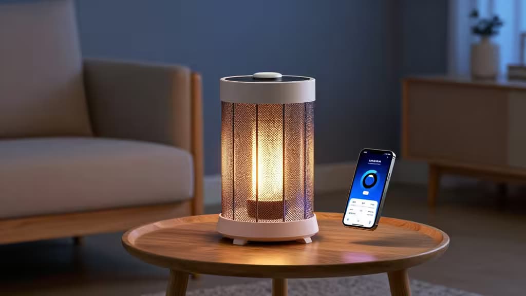 A cylindrical mesh space heater glows warmly beside a smartphone displaying its app interface on a wooden table.