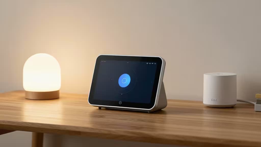 Um Google Nest Hub Max sobre uma mesa de madeira ao lado de um abajur quente e uma caixa de som branca, com iluminação ambiente aconchegante.