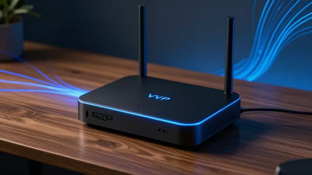 A sleek black router with glowing blue LED accents sits on a wooden desk, symbolizing secure global streaming access.