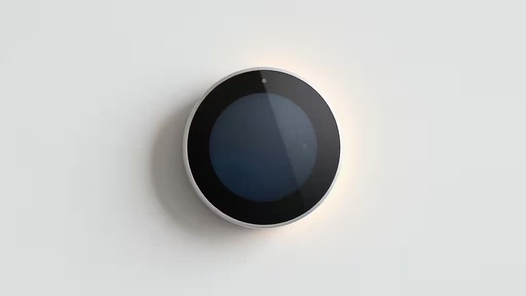 Ein schlankes, rundes Smart-Thermostat mit schwarzer Glasfront und silbernem Metallring an einer schlichten weißen Wand.