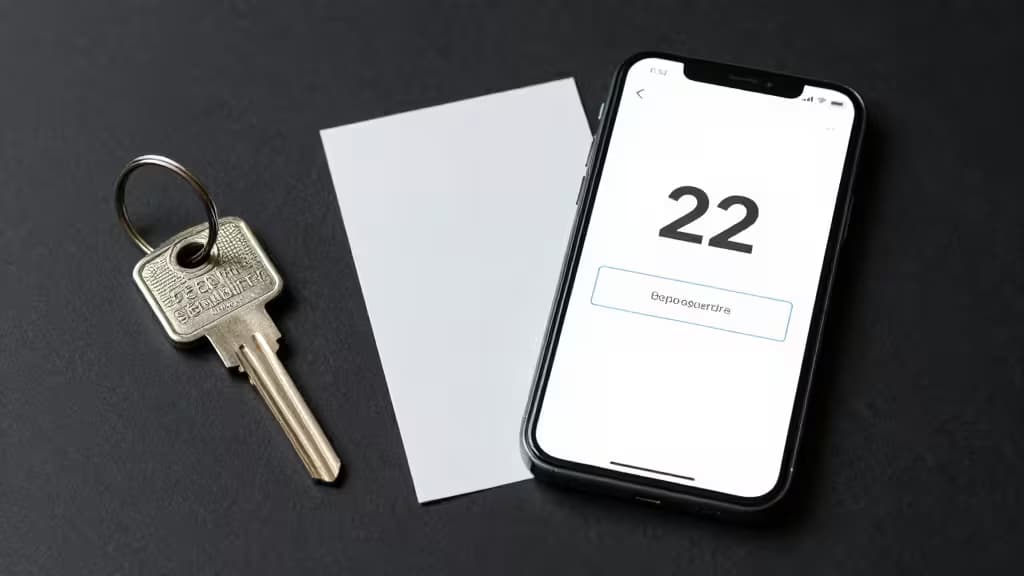 Uma chave de segurança física, um cartão em branco e um smartphone exibindo o número 22 sobre uma superfície escura.