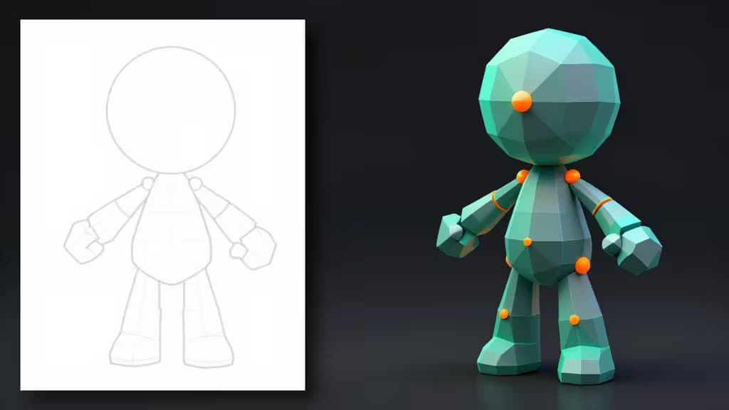 Teal low-poly robot with orange joints stands beside its white wireframe blueprint on a dark background.